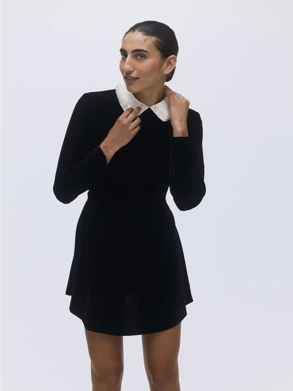 H&M Black Long-Sleeve Mini Dress with White Embellished Collar